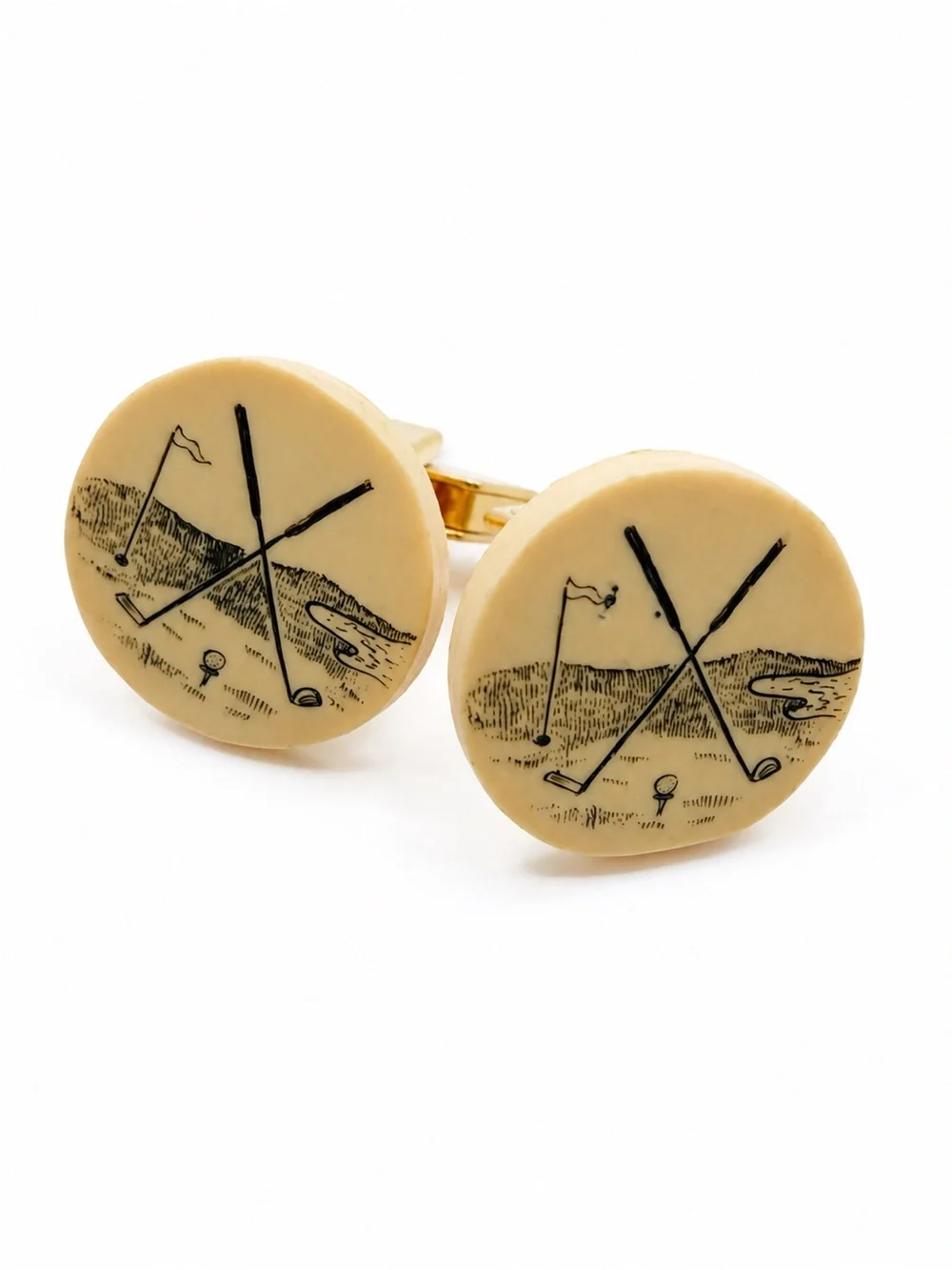 Vtg Faux Scrimshaw Golf Cufflinks Course Clubs Flag Gold Tone MCM Round Beige
